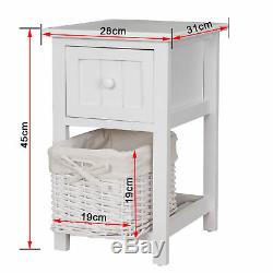Set of 2 Wooden Shabby Chic White Bedside Tables Units Drawers W/Wicker Storage