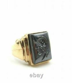 10K Men's Art Deco Style Ring Carved Onyx Roman Soldier Size 9 8.4 gr total
