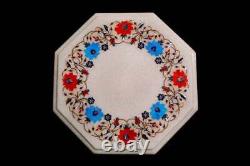 12 White Marble Coffee Table Top Turquoise Carnelian Floral Inlay Art Deco W302