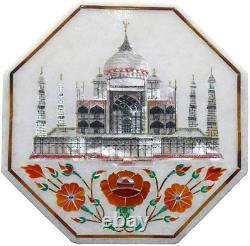 12 White Marble Taj Mahal Design Coffee Table Mop Carnelian Work Inlay Art Deco