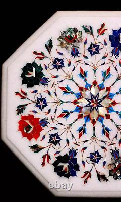 12Octagon White Marble Table Top Inlay Floral Arts Luxury Pietra Dura Work Deco