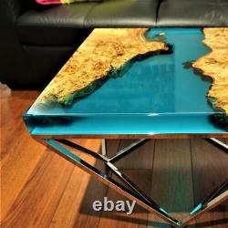 12x12 Inches Square Shape Coffee Table Top with Clear Blue Epoxy Handmade Table