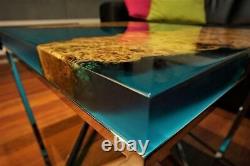 12x12 Inches Square Shape Coffee Table Top with Clear Blue Epoxy Handmade Table