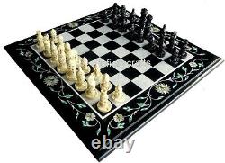 14 Inches Black Marble Coffee Table Top Chess Pattern Inlay Work Sofa Side Table