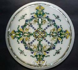 15 Inches Marble Coffee Table Top with Pietra Dura Art Round Side Table top