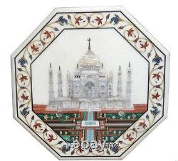 15 Inches White Stone Coffee Table Top Taj Mahal Replica Inlaid Sofa Side Table