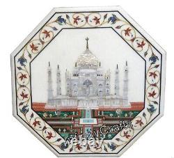 15 Inches White Stone Coffee Table Top Taj Mahal Replica Inlaid Sofa Side Table