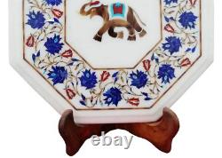 15White Marble Coffee Table Top Lapis Lazuli Mosaic Elephant Marquetry Art Deco