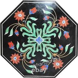 16 Inches Round Black Marble Coffee Table Top Gemstone Inlay Work Bed Side Table