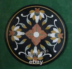 17 Inches Round Marble Coffee Table Top Antique Design Inlay Work Bed Side Table