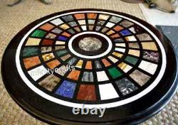 18 Inches Round Marble Coffee Table Top Geometric Pattern Inlaid Bed Side Table