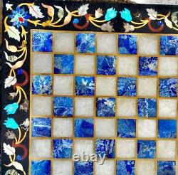 18 Square Antique Style Chess Table Lapis Stone Floral Inlay Art Game Room Deco