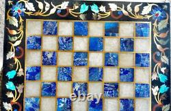 18 Square Antique Style Chess Table Lapis Stone Floral Inlay Art Game Room Deco