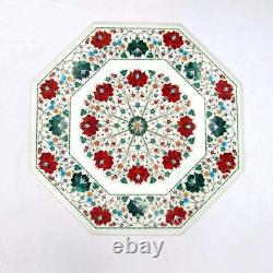 18 White Marble Table Carnelian & Malachite Stone Pietra Dura Handmade Art Deco