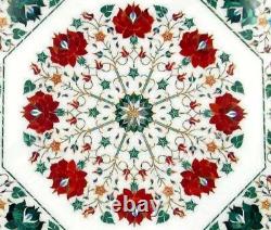 18 White Marble Table Carnelian & Malachite Stone Pietra Dura Handmade Art Deco