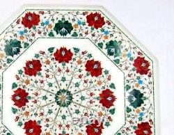 18 White Marble Table Carnelian & Malachite Stone Pietra Dura Handmade Art Deco