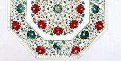 18 White Marble Table Carnelian & Malachite Stone Pietra Dura Handmade Art Deco