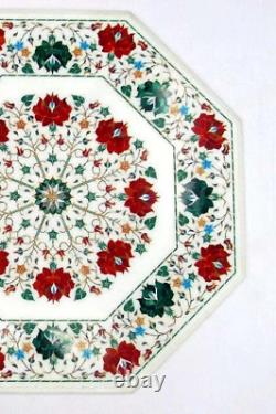 18 White Marble Table Carnelian & Malachite Stone Pietra Dura Handmade Art Deco