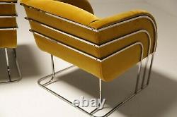 1970s Art Deco Gold Velvet and Chrome Milo Baughman Style Lounge Chairs