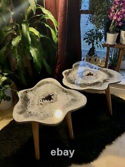 2 X GEODE RESIN Crystal SILVER WHITE Resin painting decor coffee/side table Set