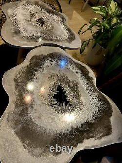 2 X GEODE RESIN Crystal SILVER WHITE Resin painting decor coffee/side table Set