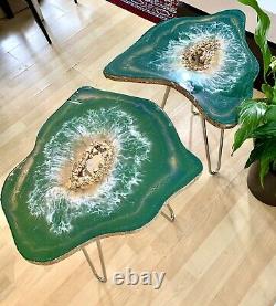 2 XGeode Resin Crystal Green Gold Art Resin painting decor coffee/side table Set