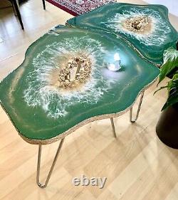 2 XGeode Resin Crystal Green Gold Art Resin painting decor coffee/side table Set