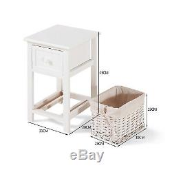 2 of Wooden Bedside Tables Shabby Chic White Drawers & Wicker Basket Cabinet
