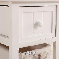 2 of Wooden Bedside Tables Shabby Chic White Drawers & Wicker Basket Cabinet