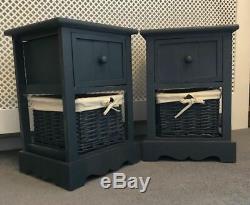 2 x BEDSIDE GREY CABINET NIGHTSTAND TABLES WITH WICKER BASKET AND DRAWER