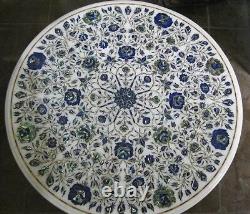 24 White Marble Round Coffee Table Top Semiprecious Lapis Inlay Floral Art Deco