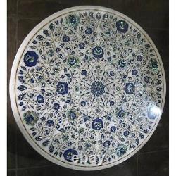 24 White Marble Round Coffee Table Top Semiprecious Lapis Inlay Floral Art Deco