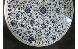 24 White Marble Round Coffee Table Top Semiprecious Lapis Inlay Floral Art Deco