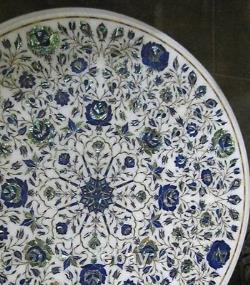 24 White Marble Round Coffee Table Top Semiprecious Lapis Inlay Floral Art Deco