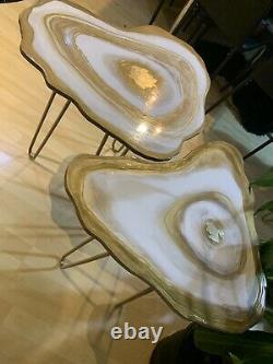 2Handmade Geode Resin White Gold Art Resin painting decor coffee/side table Set