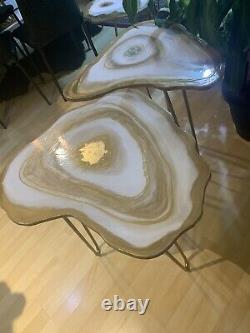 2Handmade Geode Resin White Gold Art Resin painting decor coffee/side table Set