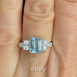 3.10CT Vintage Style Art Deco Aquamarine & Diamond Ring 14K White Gold Finish