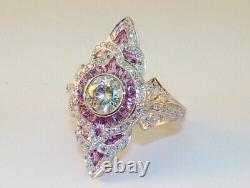 3 Ct Round Lab Created Diamond & Sapphire Art Deco Style Wedding 925 Silver Ring