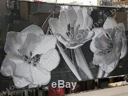 3 white flowers & black glass picture with liquid art, crystals & mirror frame