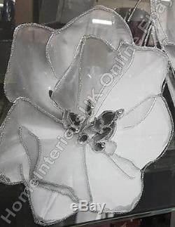 3 white flowers & black glass picture with liquid art, crystals & mirror frame