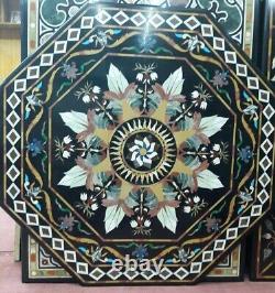 36 Inch Black Marble Table Top Center Table Multi Stone Inlay Marquetry Art Deco