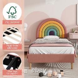 3ft Single Upholstered Bed with Slatted Bed Frame and Rainbow Headboard Pink