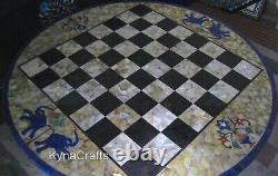 48 Inches Chess Pattern Inlay Work Meeting Table Round Marble Dining Table Top