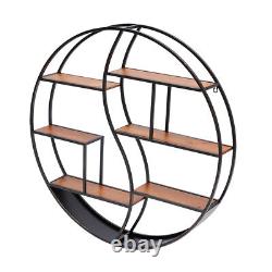 80cm Wall-Mounted Large Round Metal & Wooden Shelf Industrial Style Display Rack