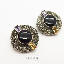 925 Sterling Silver Multi-Color Gemstone Art-Deco-Style Clip On Earrings