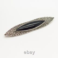 925 Sterling Vintage Real Black Onyx & Marcasite Gem Art-Deco-Style Pin Brooch