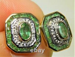9ct Gold Emerald Earrings Diamond Art Deco Style 9 Carat Yellow Gold Stud