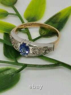 9ct Gold Ring Diamond pave & Cornflower Blue sapphire, art deco style Hallmarked