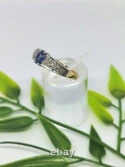 9ct Gold Ring Diamond pave & Cornflower Blue sapphire, art deco style Hallmarked
