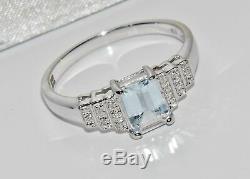 9ct White Gold 1.00ct Aquamarine & Diamond Art Deco Style Ladies ring size M